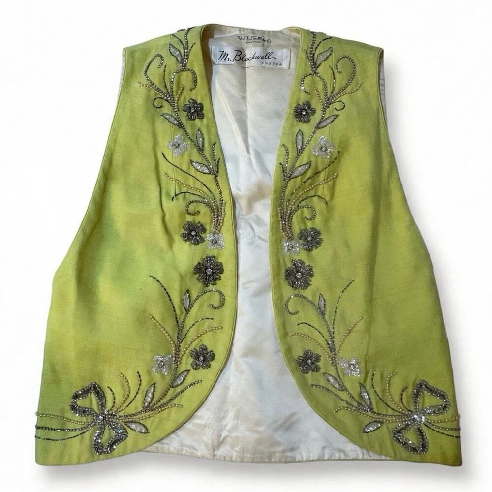 Mr. Blackwell Custom Vintage 60s Chartreuse Beaded Floral Vest